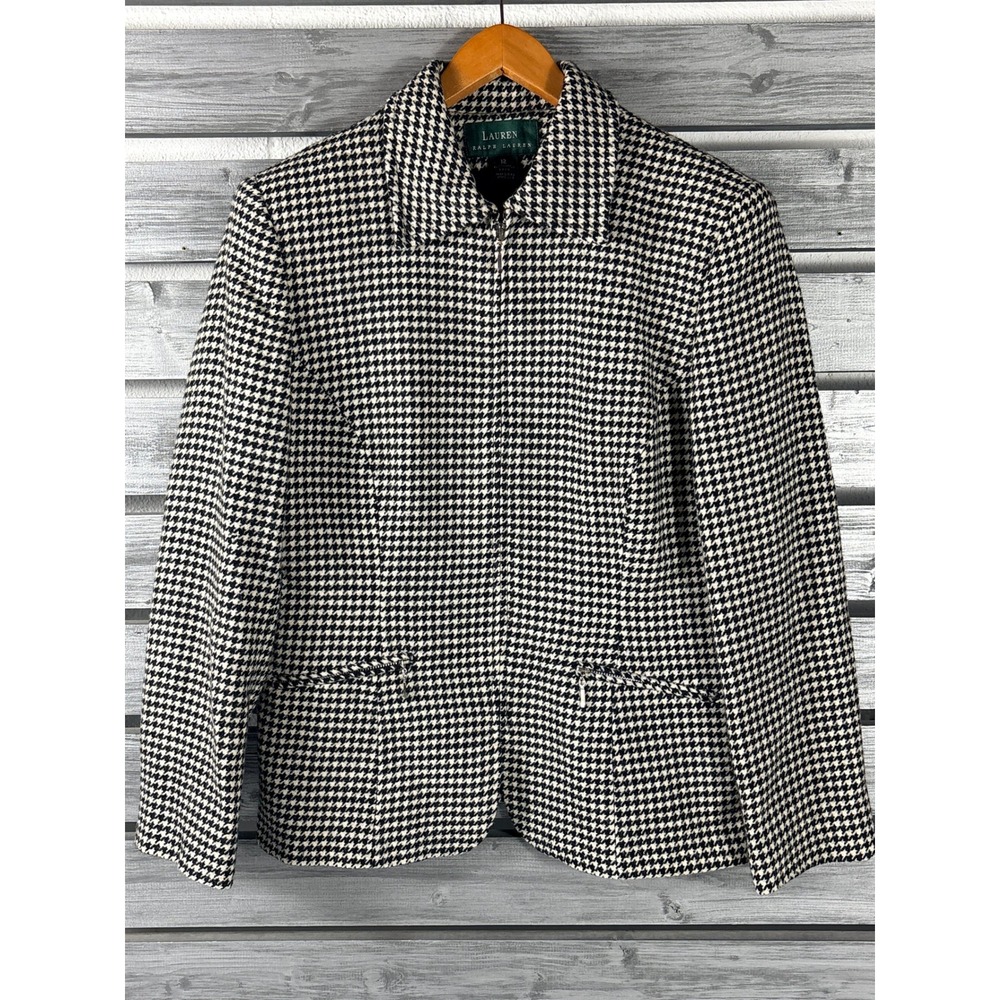Lauren Ralph Lauren Womens 12 Houndstooth Worsted Wool Tweed Zip Blazer Vintage